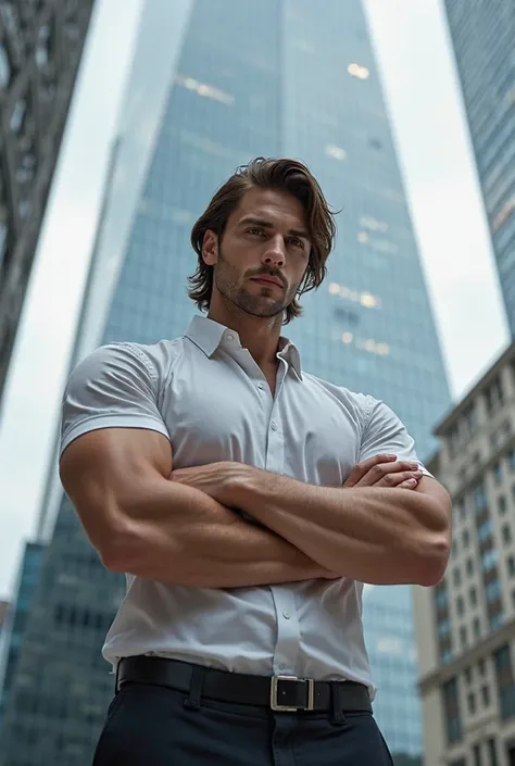        Portrait of a handsome and athletic man .  Semi-long slightly wavy hair, 27 years old . Shirt and dress pants    .     arms crossed .   ,    skyscraper  