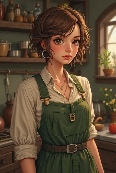 I want to crate a lady hobbit. She is curvy looking - but not fat, looks like she knows how to cook. She look apetizing.  she is 35, has very short  hair with brown and blonde reflects. She loves chickens and flowers.