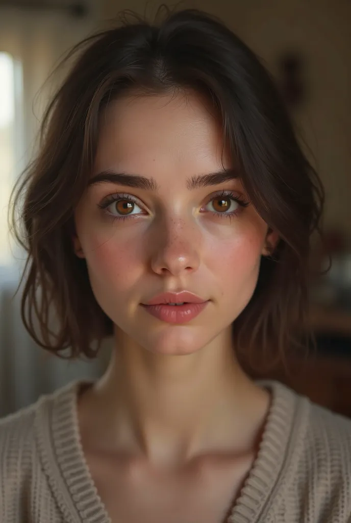 Create a selfie of a girl with a short round face with cheeks
 and dark brown eyes of Slavic appearance 
Which is 27
And eyebrows in a house 
