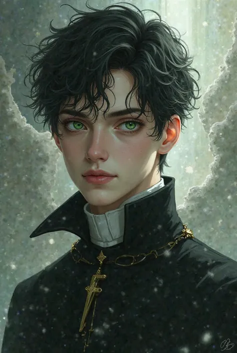 A young man with short black hair with locks falling on his forehead,  of fair skin with green eyes . It looks like an angel with a demon smile,  is dressed as a priest  