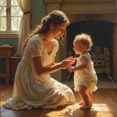  A heartwarming classical oil painting in the style of the Old Masters, depicting a mother gently guiding her  as they take their first steps. The mother, dressed in a soft, flowing gown reminiscent of a timeless era, kneels slightly, her hands carefully s...