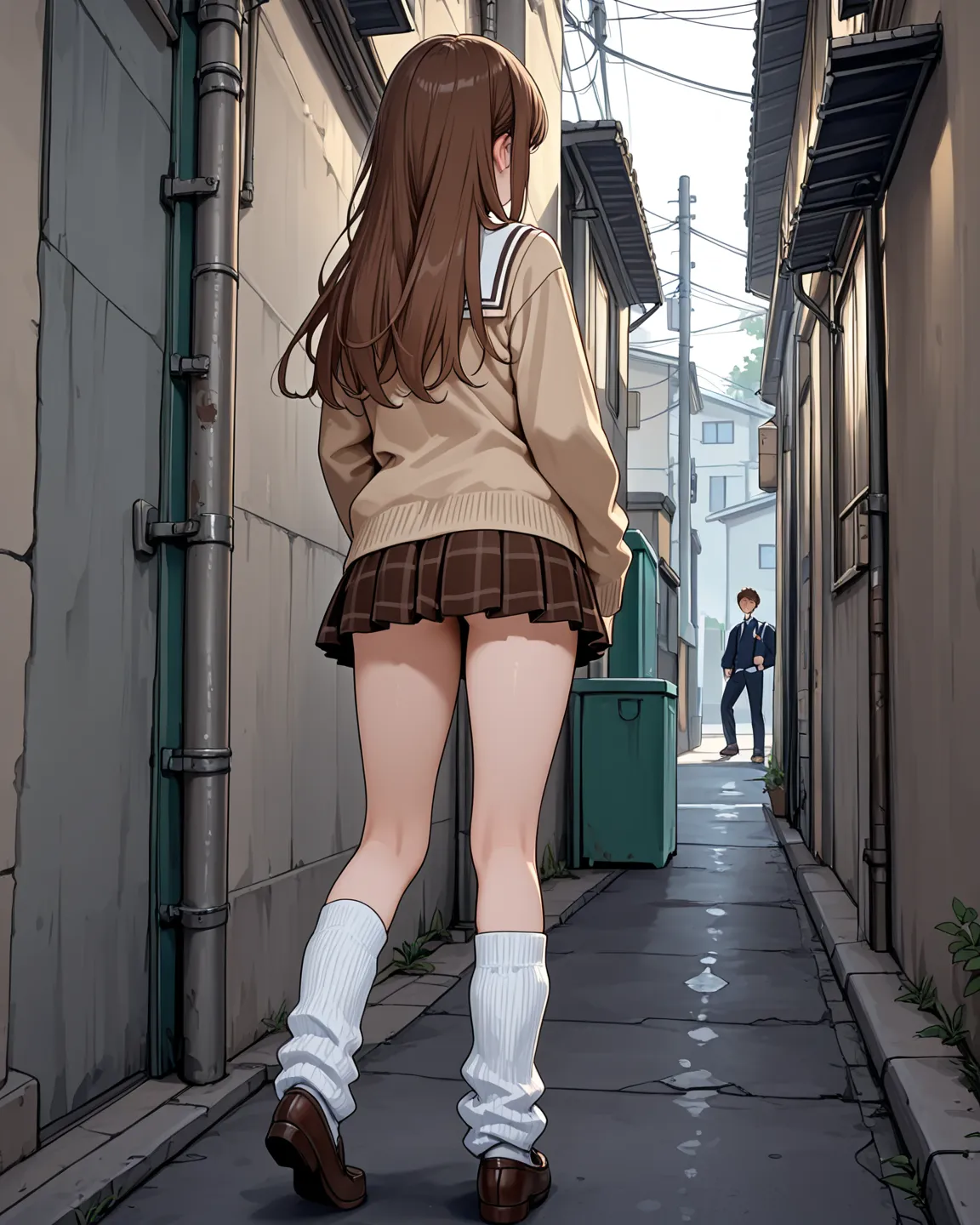 wide shot　 busty female high school students 　brown hair　 school uniform　miniskirt　loose socks　Back alley at night　intense SEX between men and women　