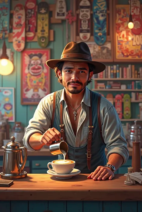 Character from the movie Entergallactic Mr. ranger making art latte with a wall full of music posters,Skate and books 