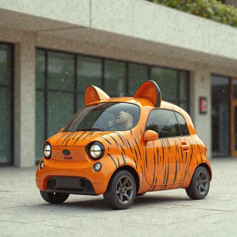 Weird Cars Concept,  a tiny tiger style orange car parked in front of a building, 