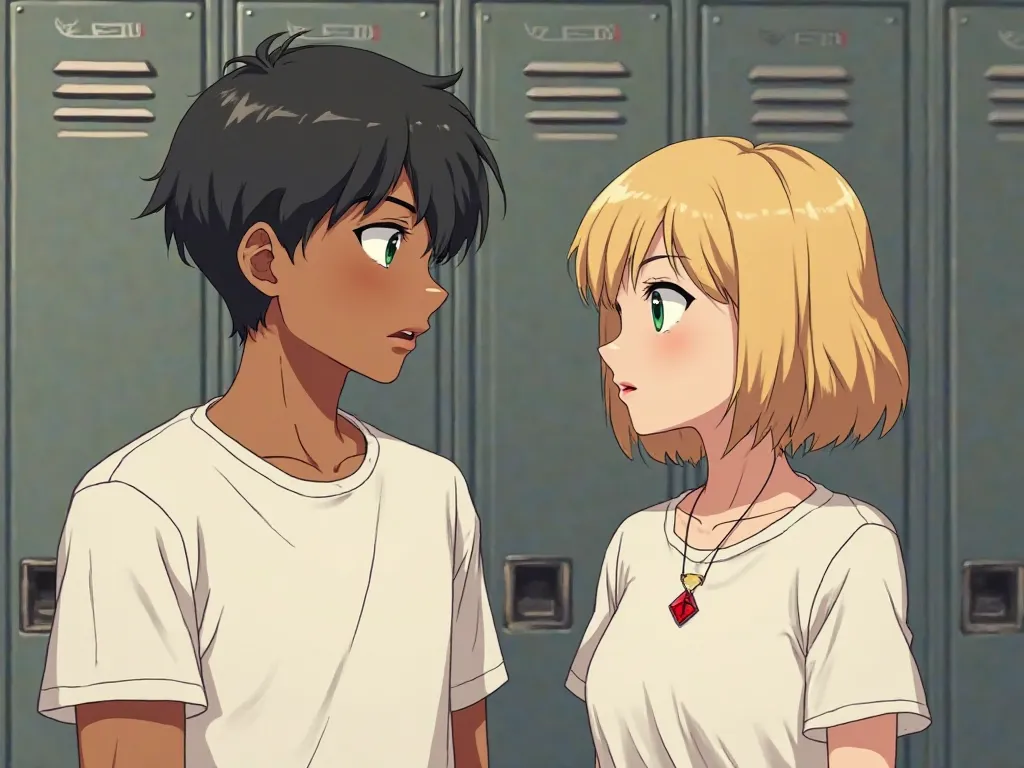 Create anime image of a brown skin toned 19 year old guy with black hair, green eyes, wearing a white t-shirt talking to a beautiful girl with short blonde hair and brown eyes, she is wearing a white t-shirt and a neckless with a red cristal. They are maki...