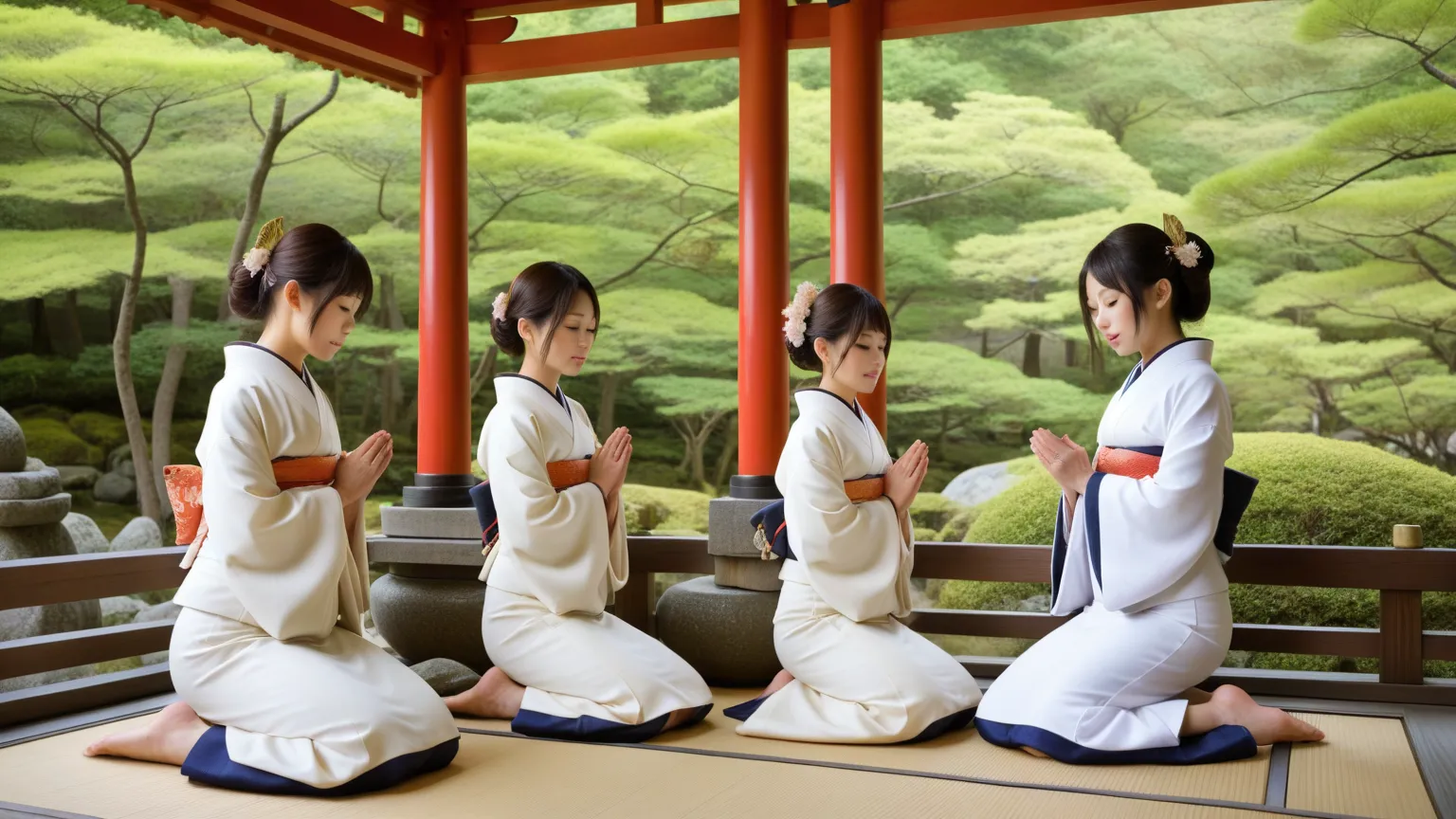 Japanese shrine maidens praying and discussing