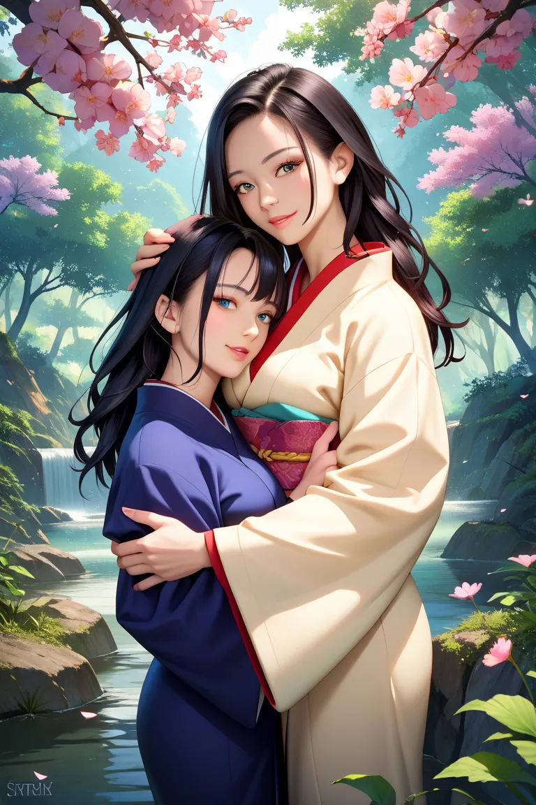 high image quality、 girls on the left、 black hair、long hair、Long-sleeved kimono、spread arms