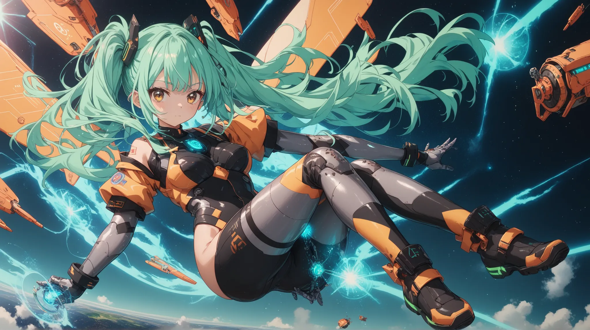 An anime mature girl with shoulder-length mint green hair styled into two playful high ponytails with wavy, voluminous locks cascading down, secured with futuristic black clips, and warm brown eyes. She strides forward confidently, stepping through a shimm...