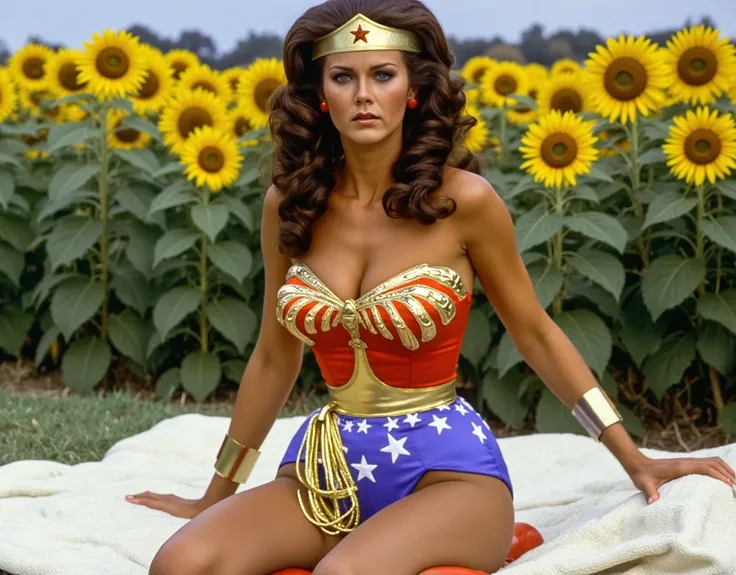 watches are on hand looking at the camera! Linda Carter as Wonder Woman,  with long wavy dark hair, in a classic suit: Golden hoop,  red corset with gold stars , , blue shorts with white stars and red knee-length boots. The lasso of truth ,  golden and glo...