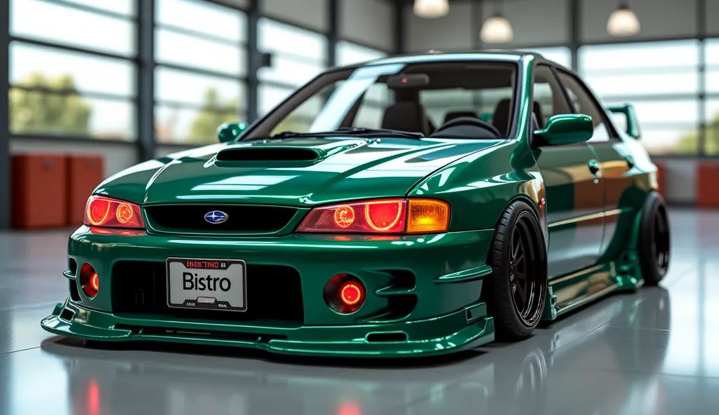 3D render of a heavily modified (1997 Subaru vivio bistro)in(sedan)in (dark green)colour, (only full front  view) The car features, ultra-high-detail glossy and shiny modifications, including sleek add-ons. The (bistro ) logo is prominently displayed on, t...