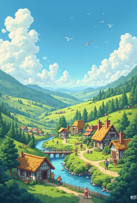 A peaceful village surrounded by green hills and clear blue skies in animated style