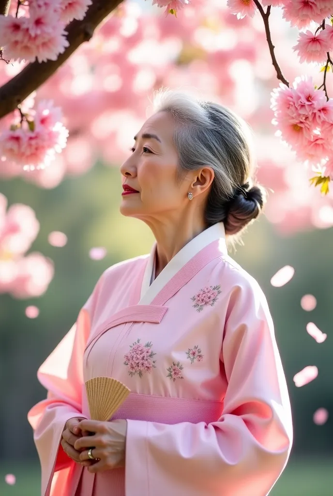 "A stunning elderly Korean woman with soft silver hair neatly tied in a low bun stands under a cherry blossom tree in full bloom. Her delicate features are enhanced by natural wrinkles that add to her wisdom and elegance. She wears a pastel pink hanbok wit...