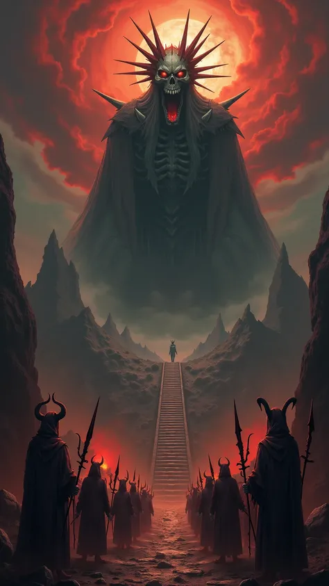 A dark fantasy world view with red storm clouds swirling over a dark hell-like landscape、a crown like sharp spines shines on its head、the mouth opens wide and induces fear。Under the skull's head、an ancient stone staircase spreads out、An army of devilish fi...