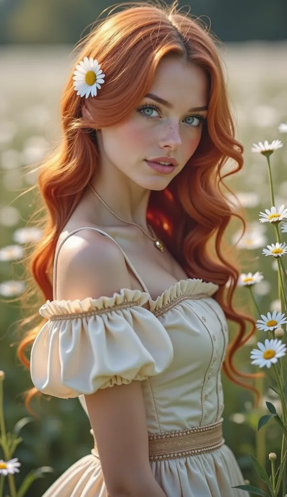 A realistic portrait of a 25-year-old woman with red hair in soft waves and a small, a single pretty daisy in her hair, with big blue eyes and freckles on the cheeks and nose, gentle look at the viewer, open lips ,  small nose , she wears a cream coloured,...