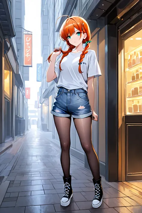 ((masterpiece)), ((high_quality)), (1girl), ((eyesHD)), (high gradient eyes), Ogisu Setsuna, A beautiful young woman with long, vibrant orange and toasted red hair tied into two pigtails with yellow hair accessories, and bright green eyes full of confidenc...