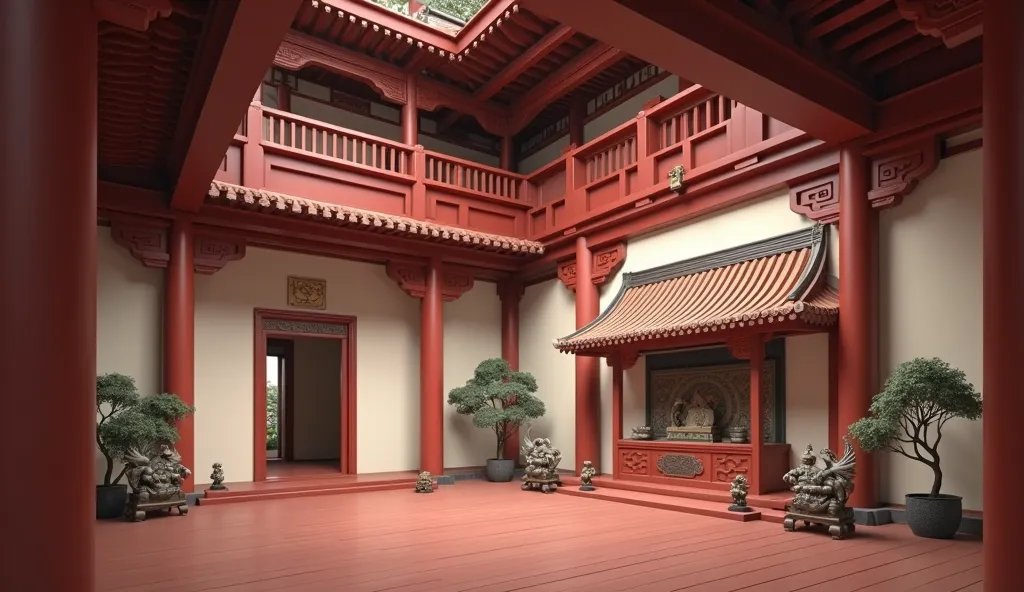 An aisle，The floor is red wood，An ancient Chinese ancestral temple，Big red wooden structure，The building structures are connected and decorated with metal，big red pillar，An altar resting on a beige white wall on the side，Oil lamp burning,There are lots of ...