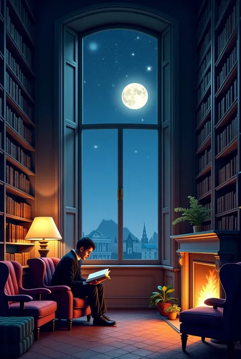 A cozy library full of books, with an open window showing the night sky