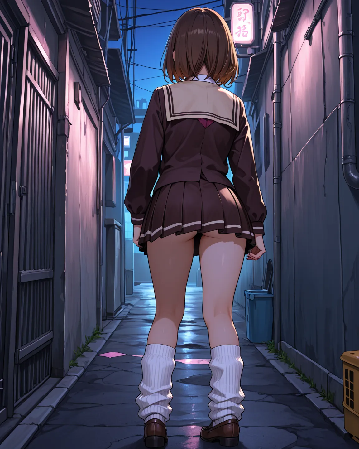  busty female high school students 　brown hair　 school uniform　miniskirt　loose socks　Back alley at night　　