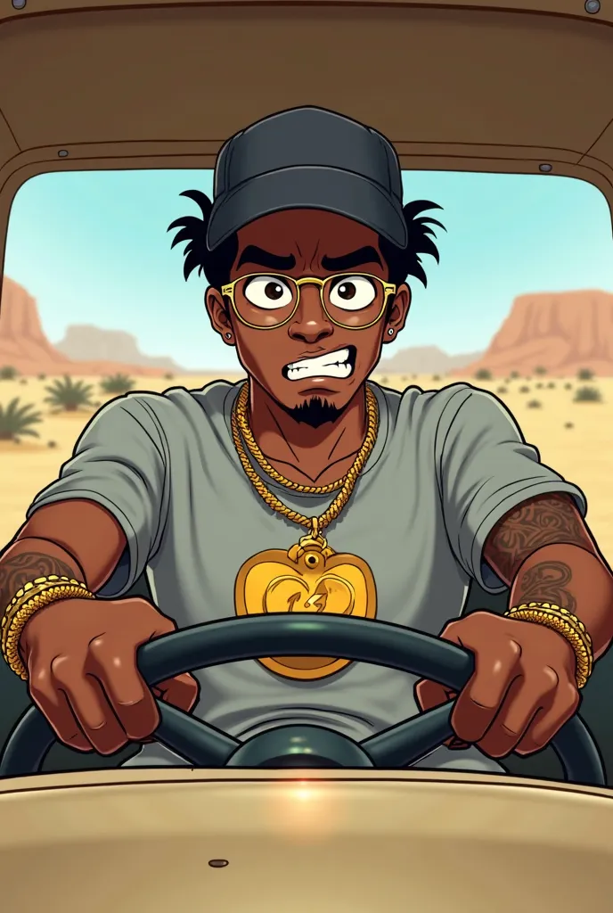 A young, dark-skinned male, cartoon-style character, is depicted driving a jeep.  He is positioned in the center of the image, slightly angled towards the viewer, looking directly ahead.  He is wearing a baseball cap, stylish gold-rimmed glasses, and a lig...