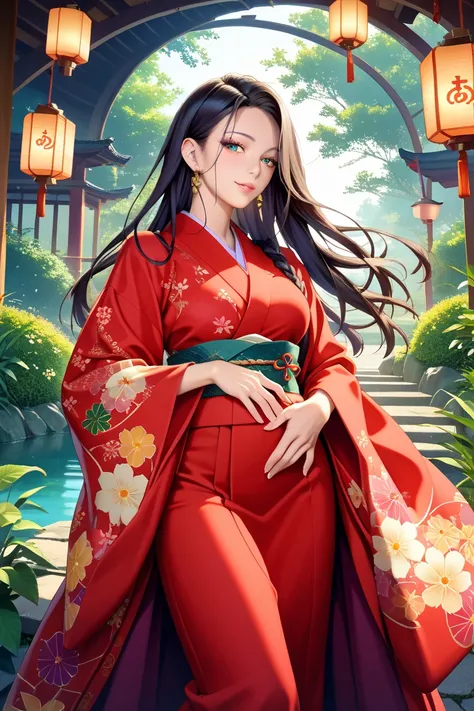 high image quality、 girls on the left、 black hair、long hair、Long-sleeved kimono、spread arms,nsfw