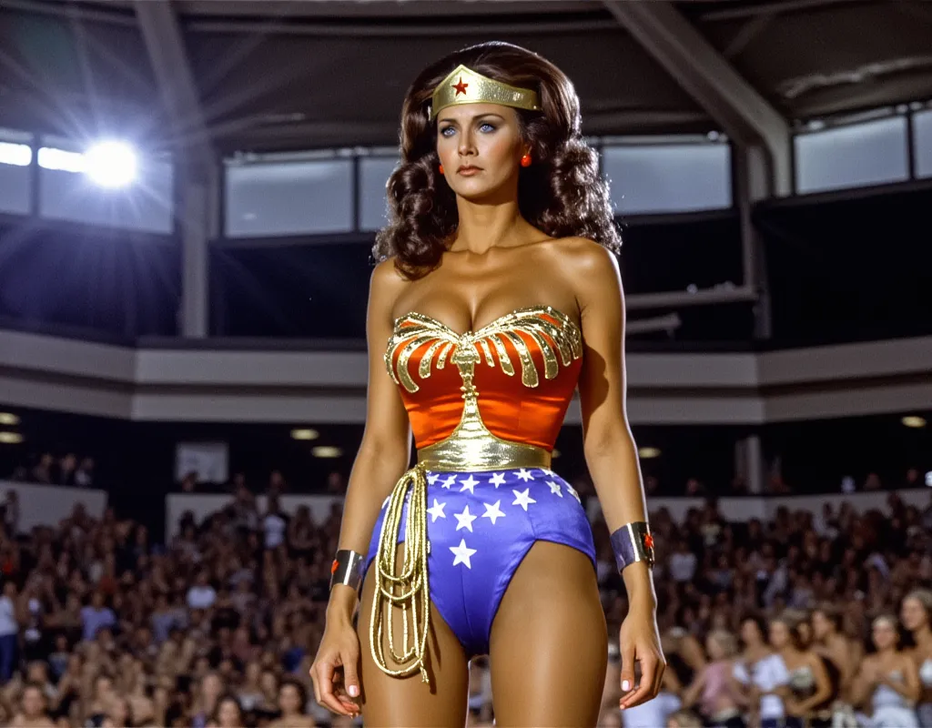 (best illustration:1.2), ( Masterpiece :1.2), ( super detailed), 8 k, 16 thousand., watches are on hand looking at the camera! Linda Carter as Wonder Woman,  with long wavy dark hair, in a classic suit: Golden hoop,  red corset with gold stars , , blue sho...