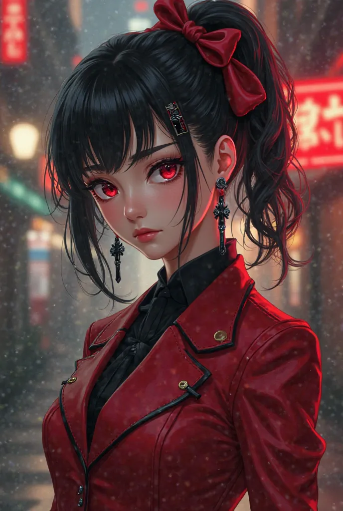 An 18-year-old girl with short black hair tied up, red eyes, wearing suita red and black suit and a red and black bow in her hair. Anime mafia, wearing cross earrings.