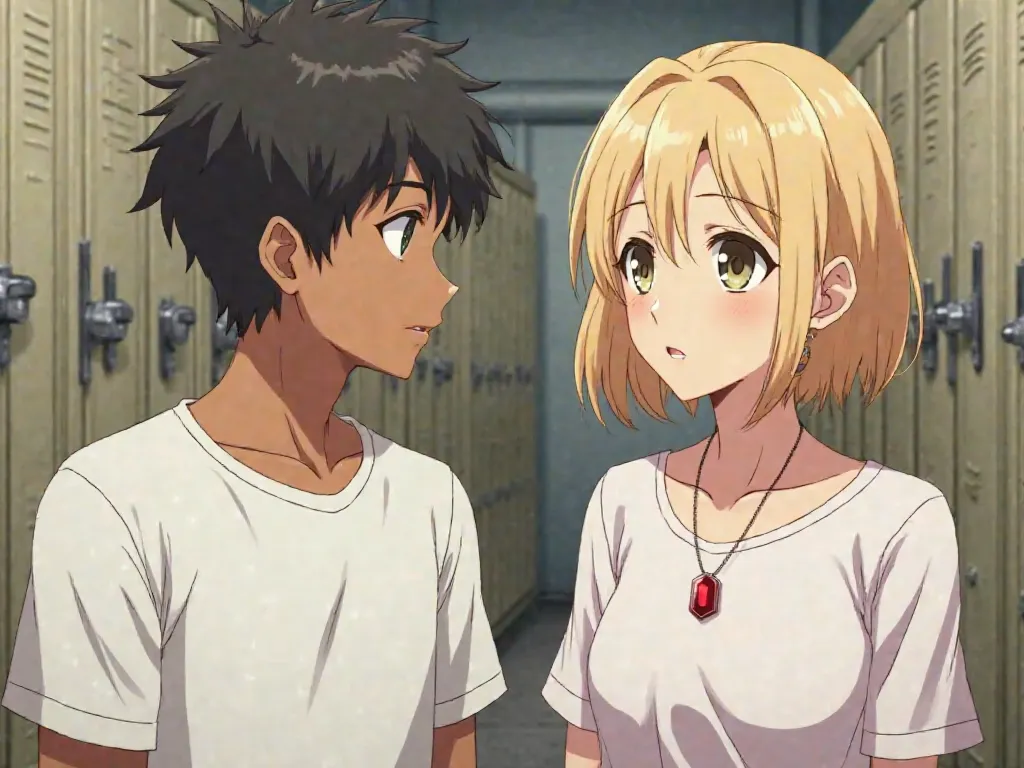 Create anime image of a brown skin toned 19 year old guy with black hair, green eyes, wearing a white t-shirt talking to a beautiful girl with short blonde hair and brown eyes, she is wearing a white t-shirt and a neckless with a red cristal. They are look...