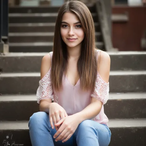 woman sitting on stairs. Has a pink blouse on.  and jeans . She also wears sneakers.  style photorealistic ,  sharp focus, very detailed, sunlight, Detail