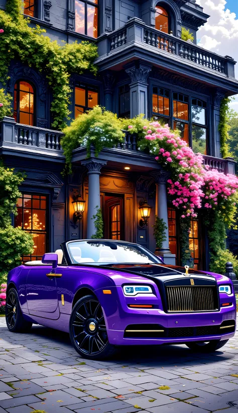 A luxurious purple Rolls-Royce convertible is prominently positioned in the foreground of an elegant. The car is sleek and polished, featuring black alloy wheels and chrome accents, reflecting the opulence of its design. Its windshield is angled slightly d...