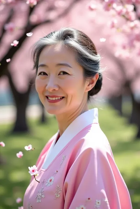 "A beautiful elderly Korean woman with soft, silver-streaked hair styled in a loose bun stands gracefully in a park filled with blooming cherry blossom trees. She wears a traditional pastel pink hanbok with delicate floral embroidery. Her deep, kind eyes l...