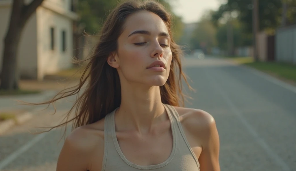 A mid-shot of the young woman closing her eyes and taking a deep breath, regaining her composure. Her posture straightens, and her arms extend gracefully for balance. The camera slowly zooms in on her face, showing her renewed determination as she opens he...