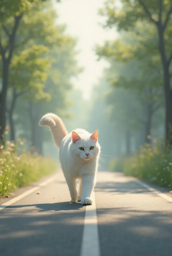 A white cat walk on road 