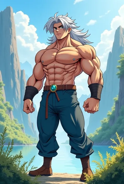 Make me a Frieren anime character, with the same art style as the show, wearing her clothes,  but she is manly muscular.