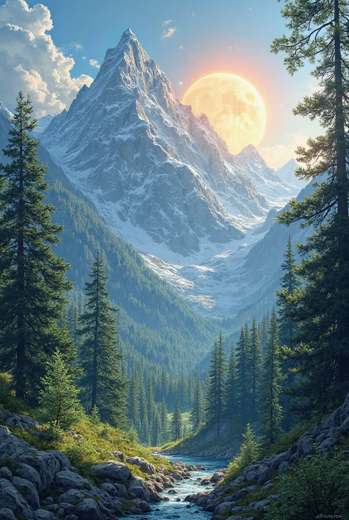 Help create a drawing. Mountains with natural trees and the sun.