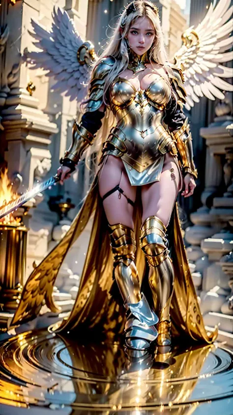  knight armed to the teeth in front of a bonfire,   Golden Paladin Armor  , picture of female champion , epic Paladin Armor,  gold clothes, light gold armor, Angelic Golden Armor  , female champion , gold paladin, Paladin Armor, elegant golden armor  , shi...