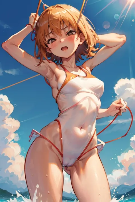 Mikoto misaka.、A Certain Scientific Railgun、girl、Small breasts、whole body,blush,best quality,(slingshot swimsuit:1.5),,large breasts,(bare navel:1.2),puffy nipples,(cameltoe:1.3)