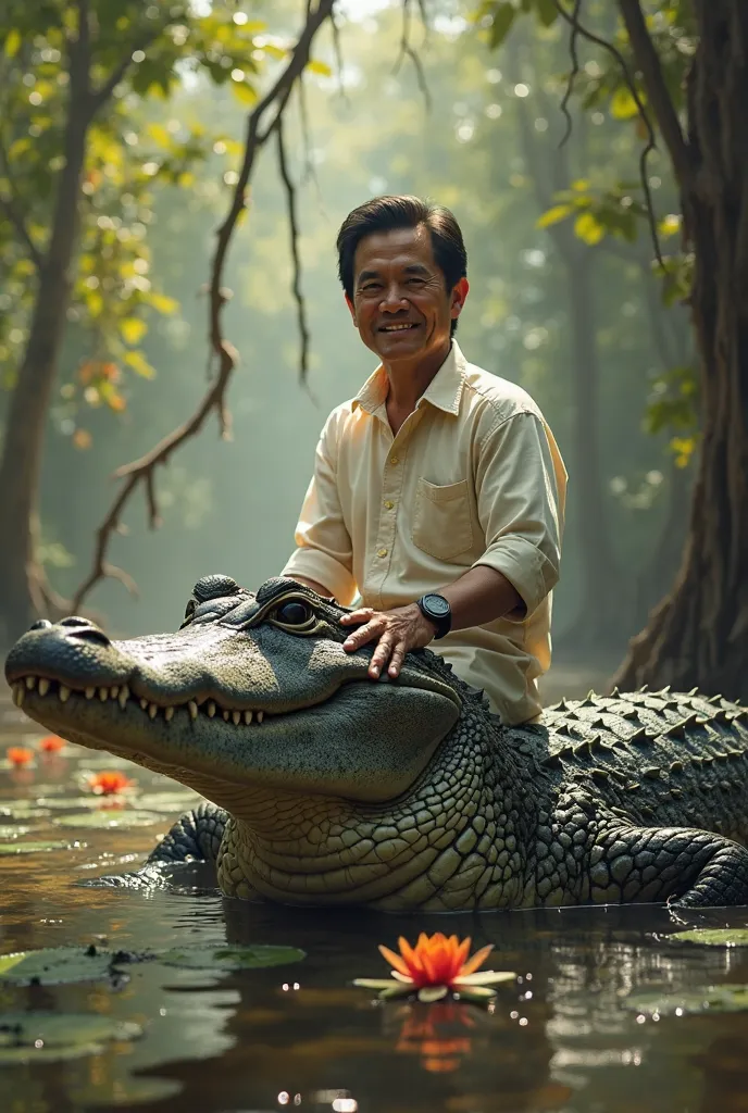 "Create a realistic image of Philippine President Bongbong Marcos sitting on a large crocodile. He should appear calm and composed, wearing his signature barong Tagalog. The crocodile is in a natural swampy environment, with water lilies and mangroves in t...