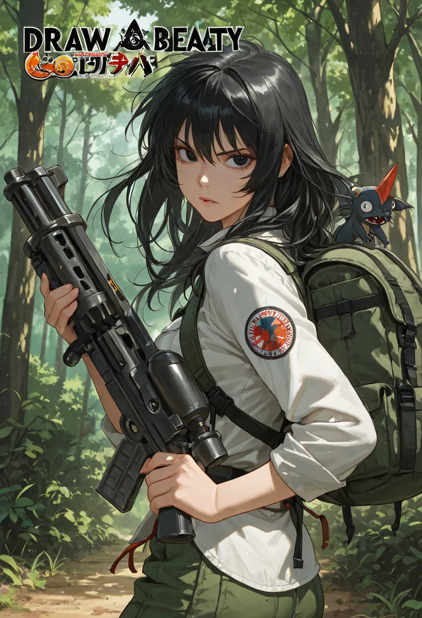 manga comic image style, black and white pen style, draw a beauty thai woman wearing white shire and hiking outfit, long black hair, sharpen eyes, action to holding riffle gun, in primeval forest