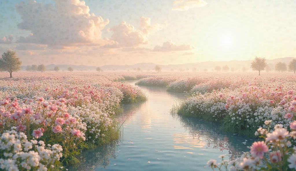 fields of white and pink flowers, next to the still river, the sun is about to go out