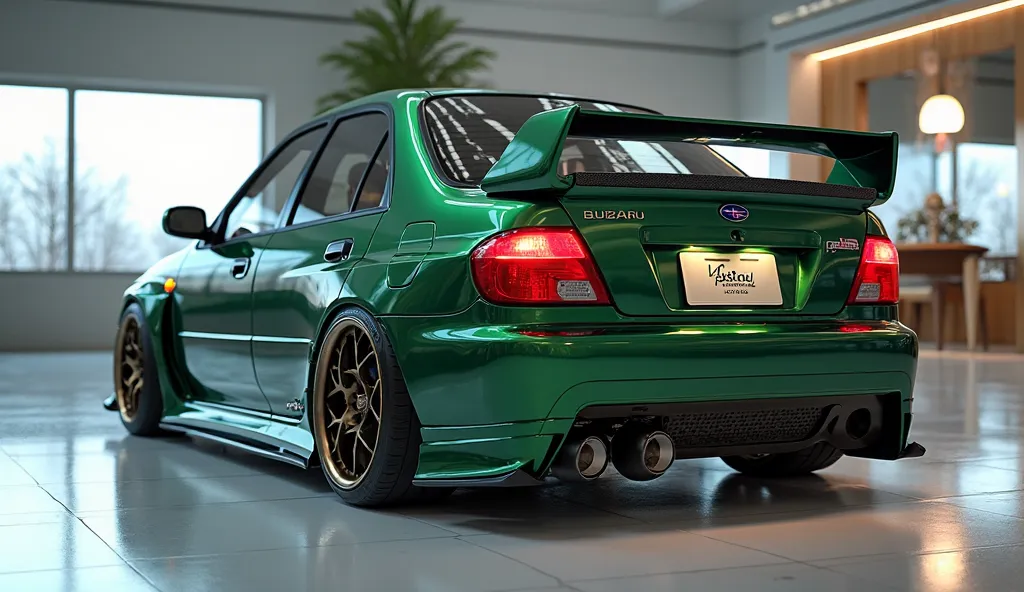 3D render of a heavily modified (1997 Subaru vivio bistro)in(sedan)in (dark green)colour, (straight view) The car features, ultra-high-detail glossy and shiny modifications, including sleek add-ons. The (bistro ) logo is prominently displayed on, the (ligh...