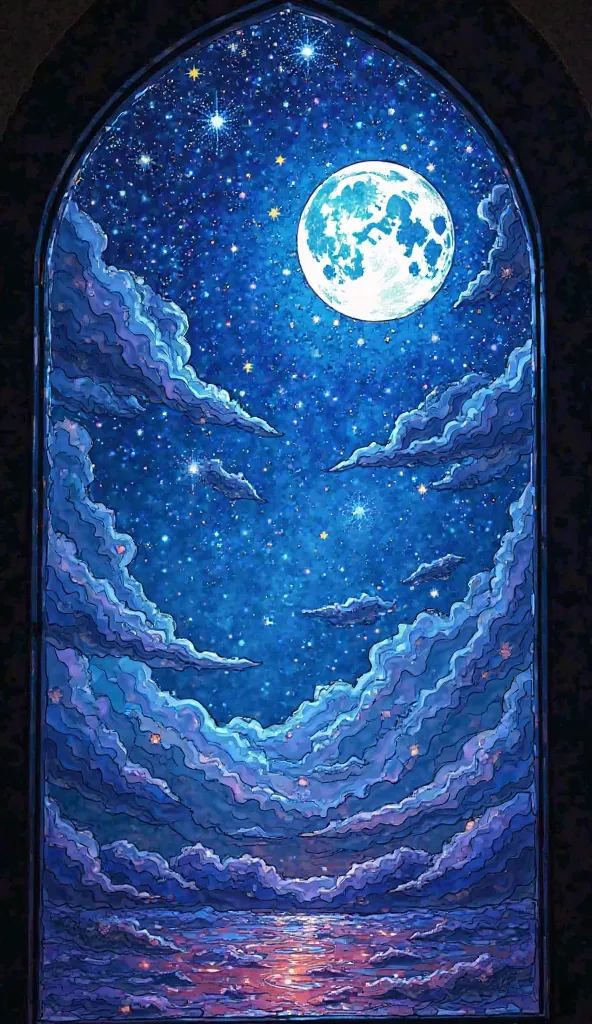 A stained glass-style design reminiscent of the night sky. The moon and stars shine beautifully, and the galaxy spreads out fantastically. The use of blue and purple gradations creates a romantic and calming atmosphere.