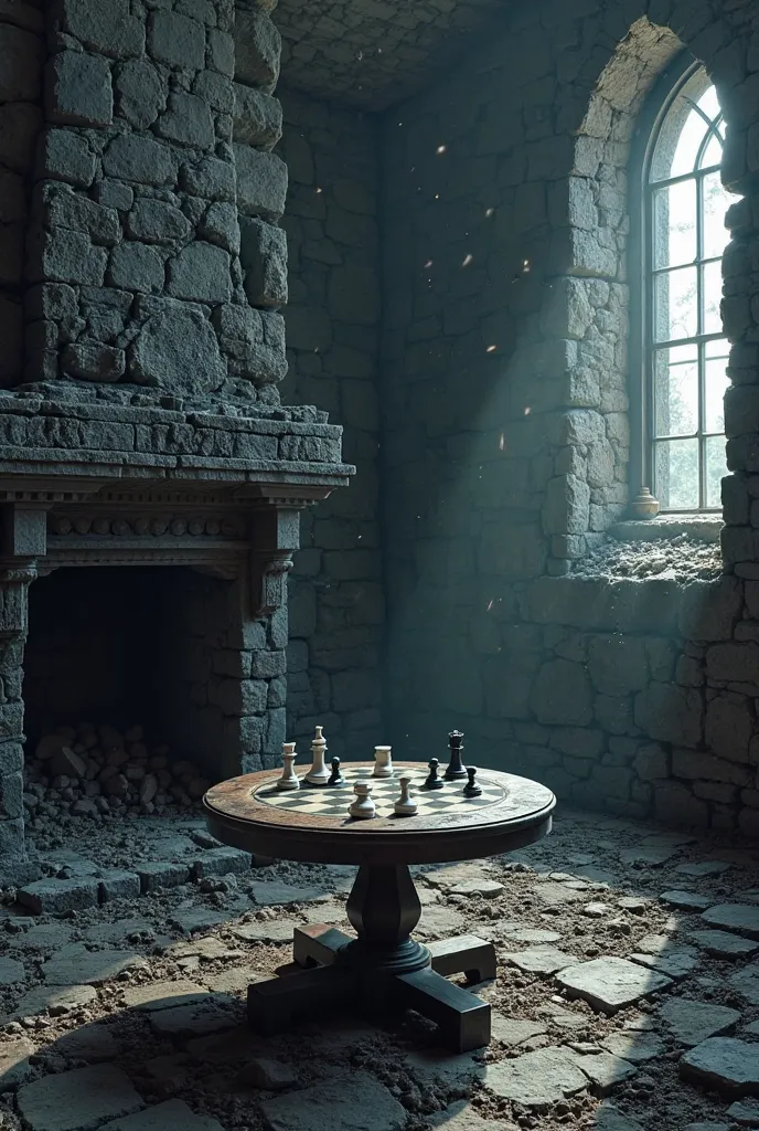 It's a ruined blackstone castle, and on the left there is a black stone fireplace next to a round table in the middle, and on the table there is a chessboard with two pieces white and black.