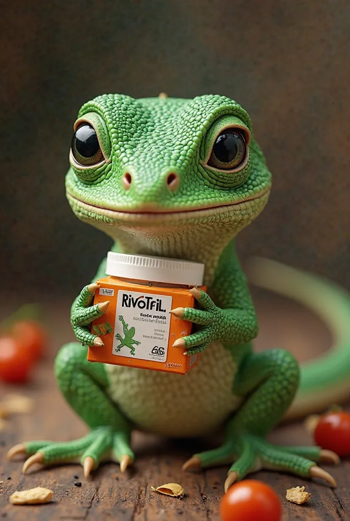 
"An adorable anthropomorphic lizard with green and textured skin, ultra realistic somewhat comical style, Cute slightly fat, with big black eyes with bright green irises, expressing a mild reaction. He holds a box of Rivotril medicine. His body has realis...