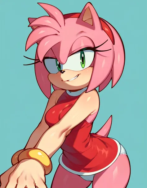 score_9, score_8_up, score_7_up, amy rose, sonic \(series\), 1girl, solo, portrait, looking at viewer, smile, red dress, panties, bending over, smirks.