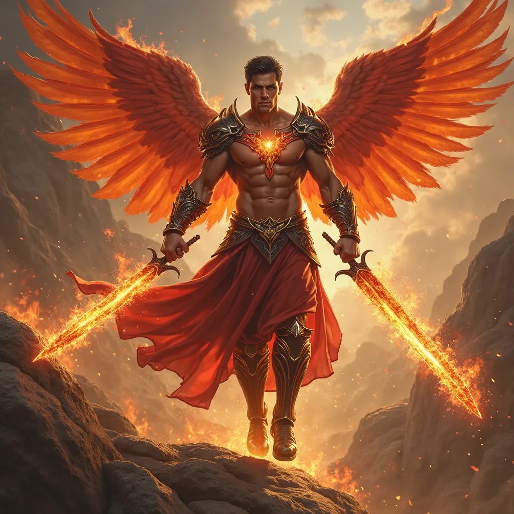 A celestial male, extremely handsome young male body builder with v-shaped torso with narrow waist. Muscular legs with big well rounded buttocks. Fiery eyes, large plump full Lucious lips. fierce phoenix flaming warrior in fiery red and black very sexy rev...