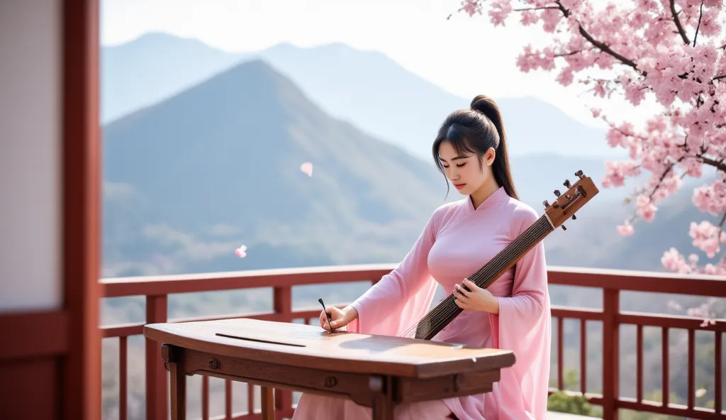 "A serene image of a beautiful Asian woman playing a guzheng on a traditional balcony, cherry blossoms falling gently, mountains in the background, wearing a delicate pink dress, soft and dreamy lighting."