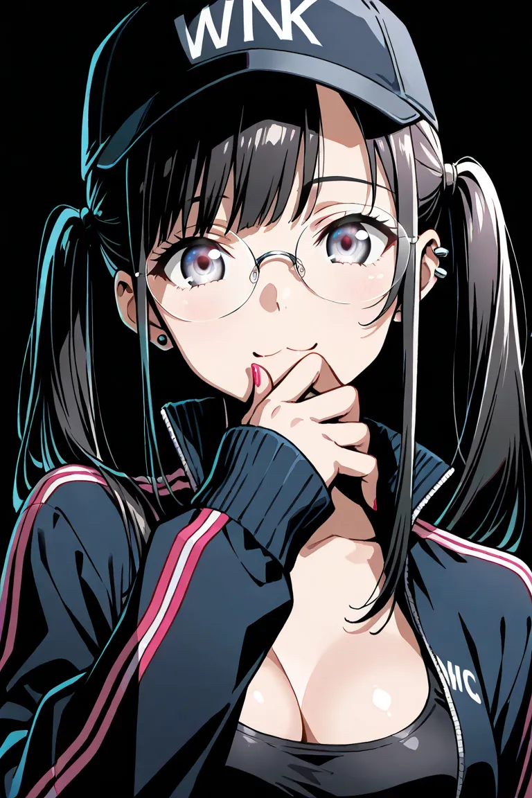 1girl, skinny, close-up face, portrait,
(rimless round eyewear:1.2), looking at viewer, (glowing eyes:1.2), light trail,
light smile, ///, (:3:1.1),
black hair, long locks, lowtwintails, side bangs, (working cap:1.1), black cap,
(track jacket:1.1), (black ...