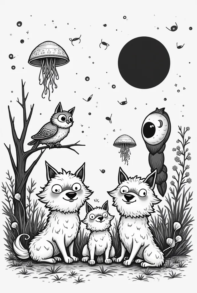 Create an image of wolf,owl,jellyfish and Alien
make them cartoon and black and white 