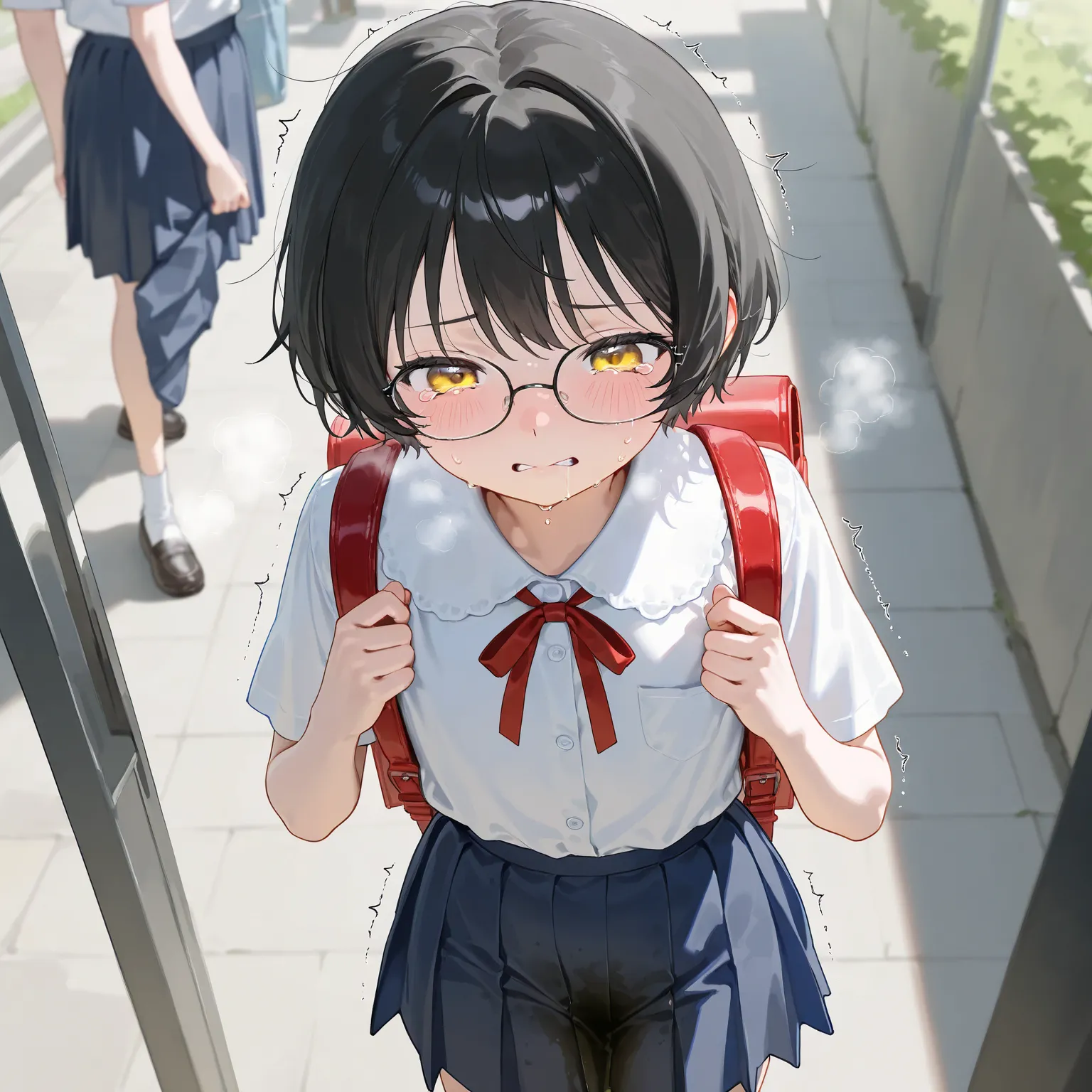 cute girl，  elementary school toddler flat chest、、 school uniform、Black Hair Short Hair、Glasses、 teary eyes in the store 、Park with lake and forest 、Bright outdoors、carry a red backpack、 slouching forward、 holds back a skirt with her hands、Pee while standi...