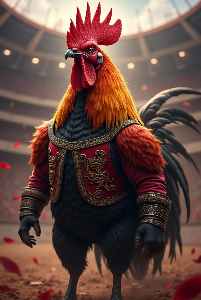 Fighting cock wearing a jacket with the words RED STAG ARENA